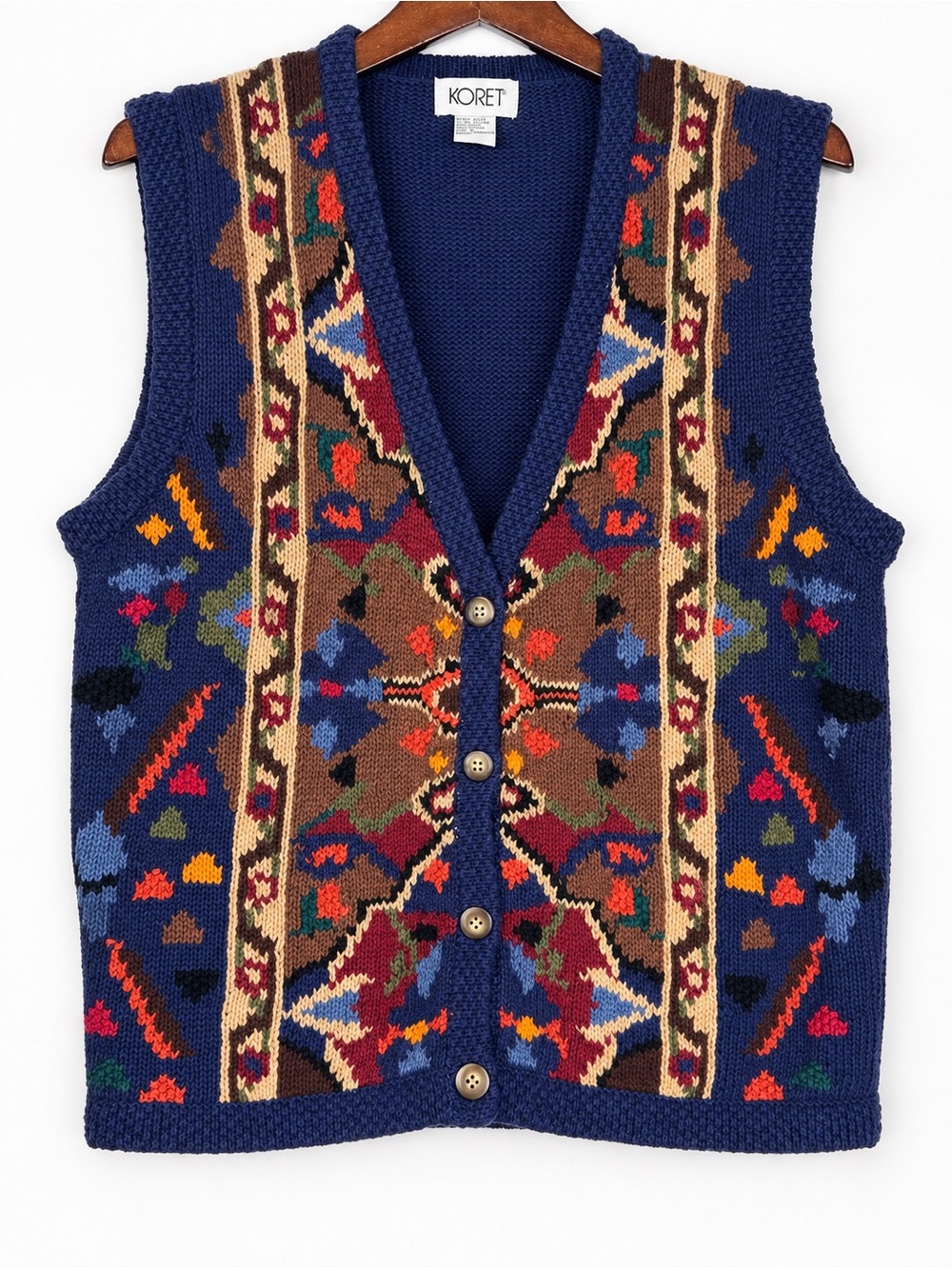 Vintage 90s Koret Folk Art Tapestry Knit Sweater Vest L Ramie Cotton